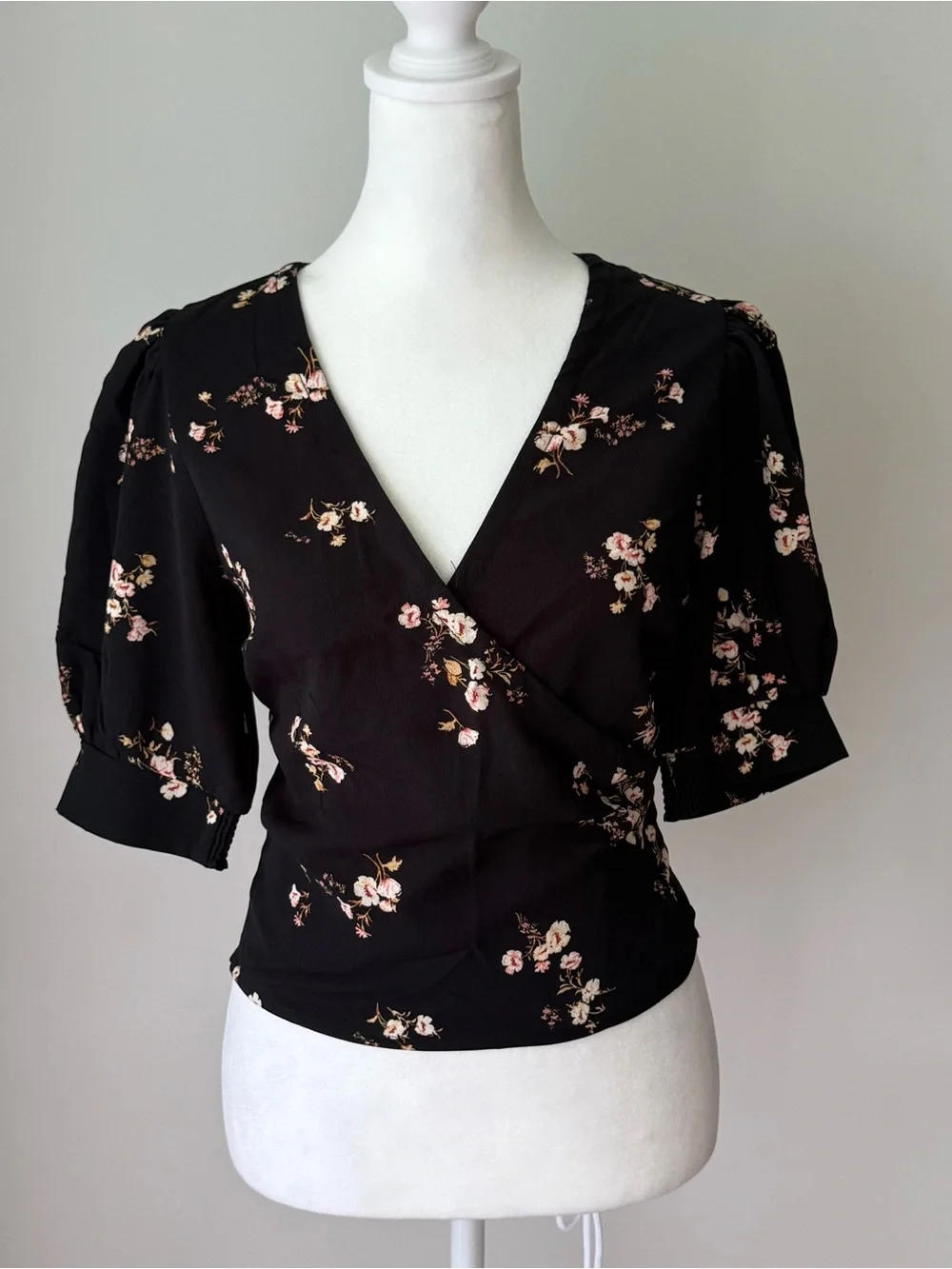 Abercrombie & Fitch Black Floral Wrap Blouse with Pink Blooms